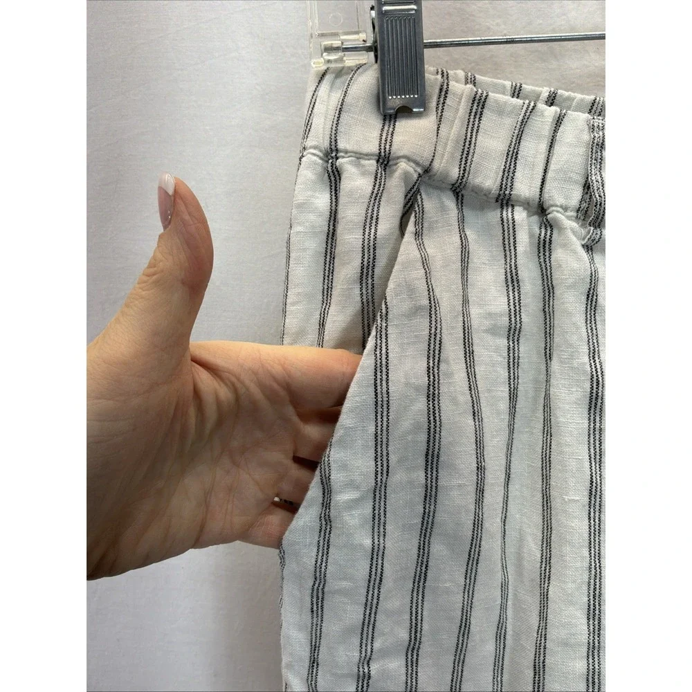 Quince 100% European Linen Pants Oatmeal Black Stripe Small S Travel Office